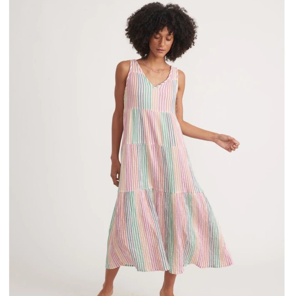 NWOT Marine Layer Women's Corinne Midi Dress in Rainbow Stripe Colorblock
